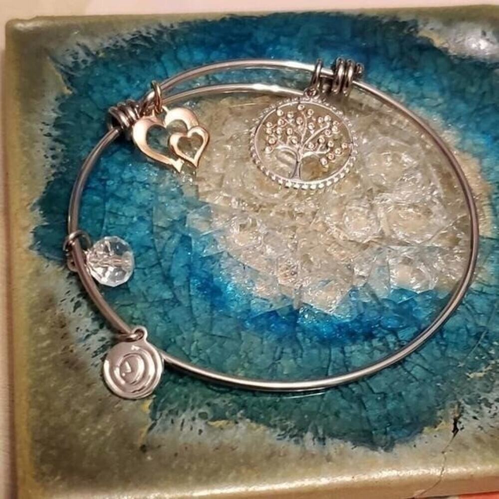 Love This Life Tree of Life Heart Charm Expandable Bangle Bracelet Silver Rose